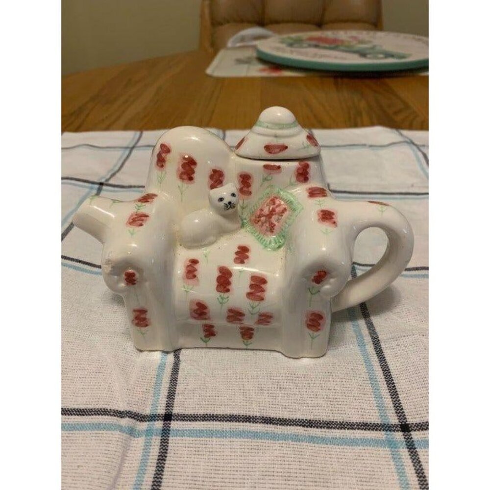Tea Nee Teapot Cat on Sofa with White Pink Flowers Hand Painted circa 1995